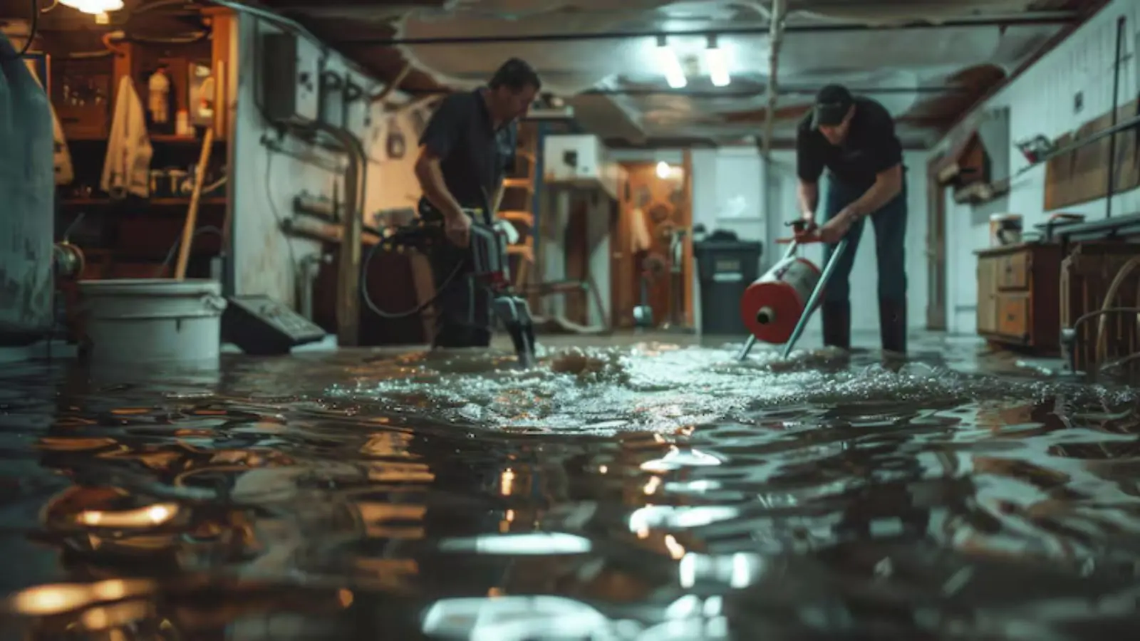 Two workers using extraction equipment to remove standing water from a flooded basement