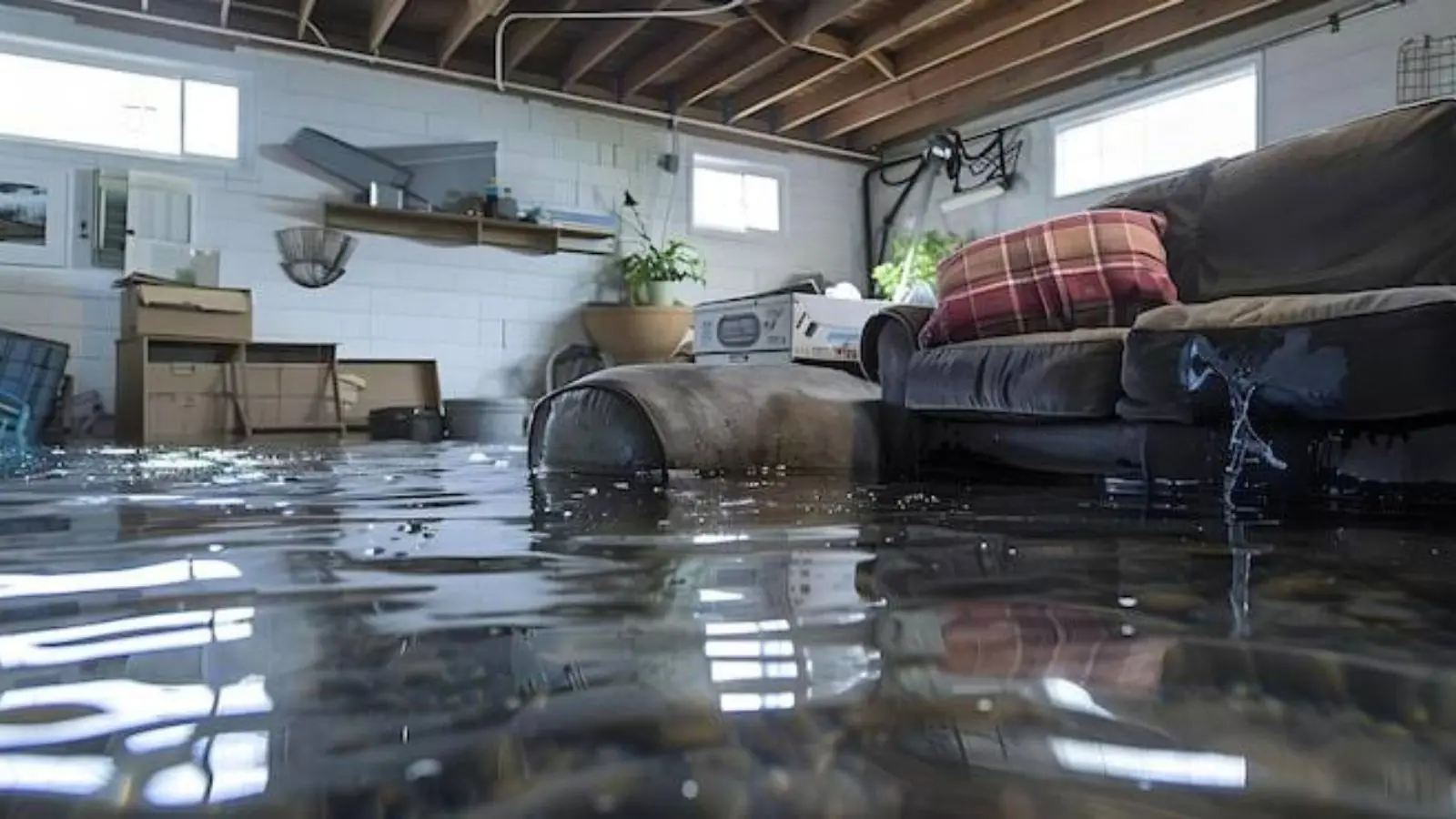 Flooded basement living room with a couch sitting in standing water