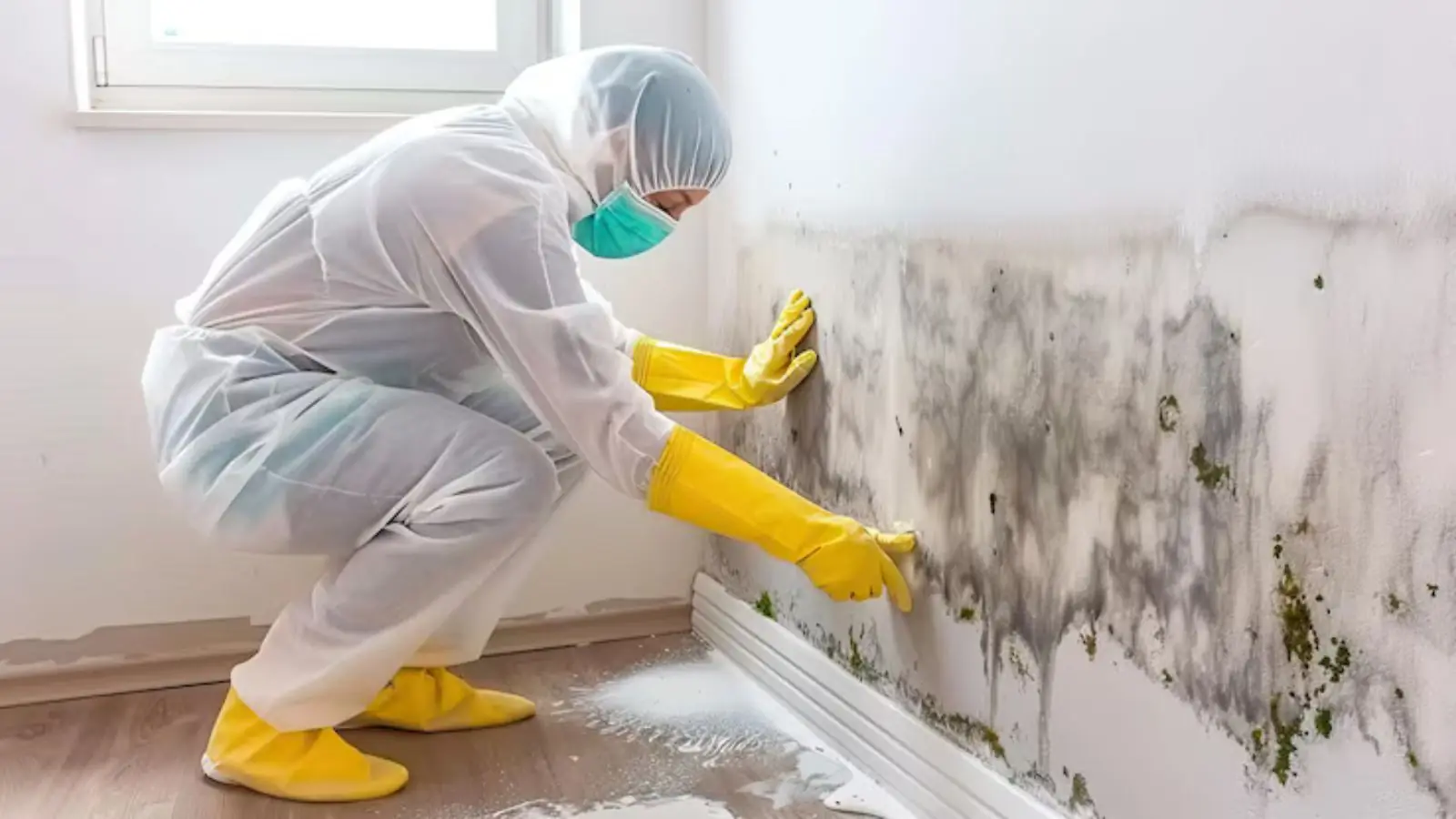 Worker in protective gear and gloves cleaning mold along a baseboard