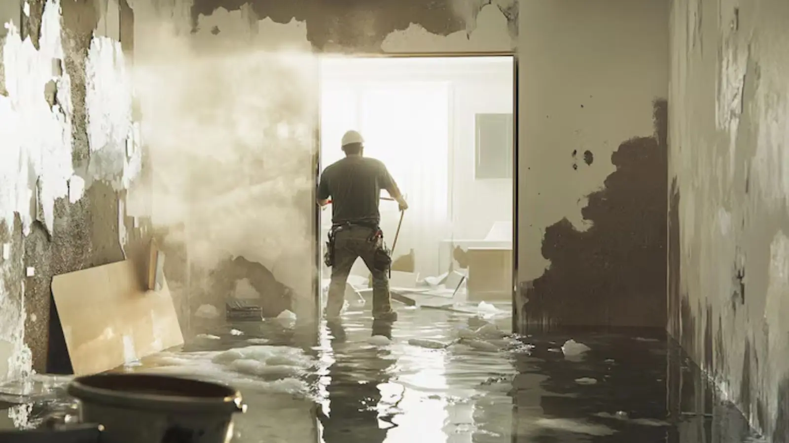 Technician walking through a room with peeling, water-damaged walls and standing water