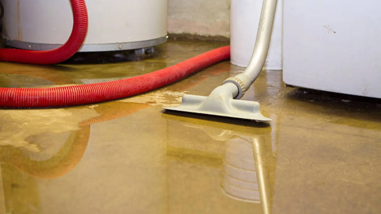 Wet vacuum hose cleaning water from a floor beside a water heater